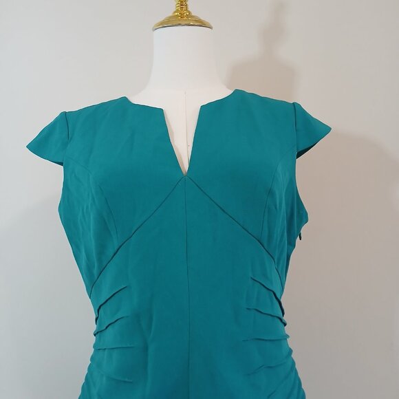 Adrianna Papell Sheath Dress Women's Size 8P Teal Ruched V-Neck Back Zipper - Picture 3 of 8